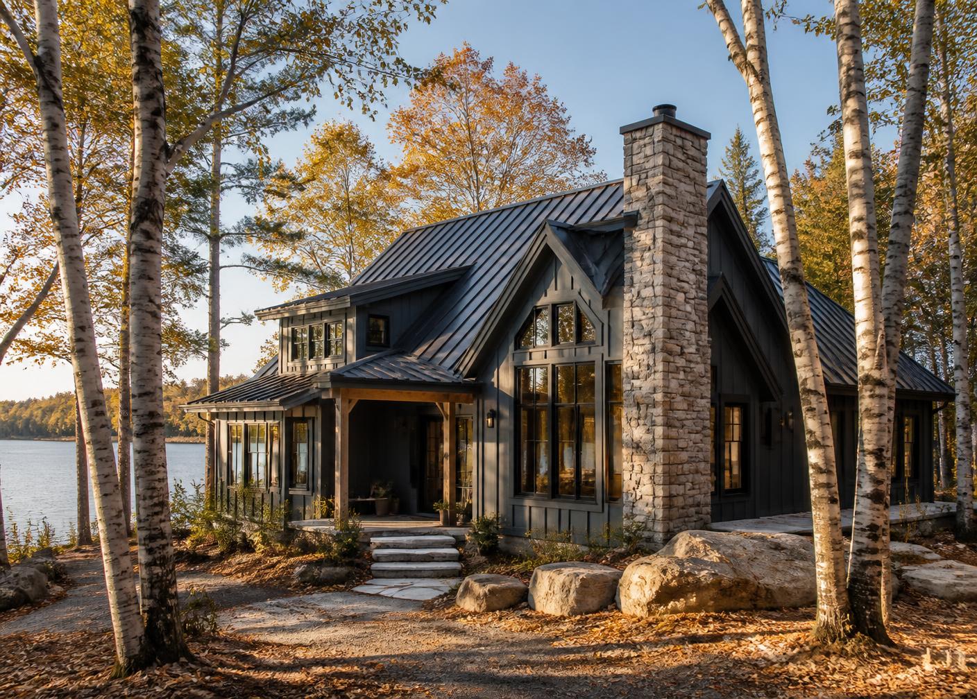 Renovated dark board-and-batten Minnesota lake cabin with metal roof and stone chimney among birch trees in autumn