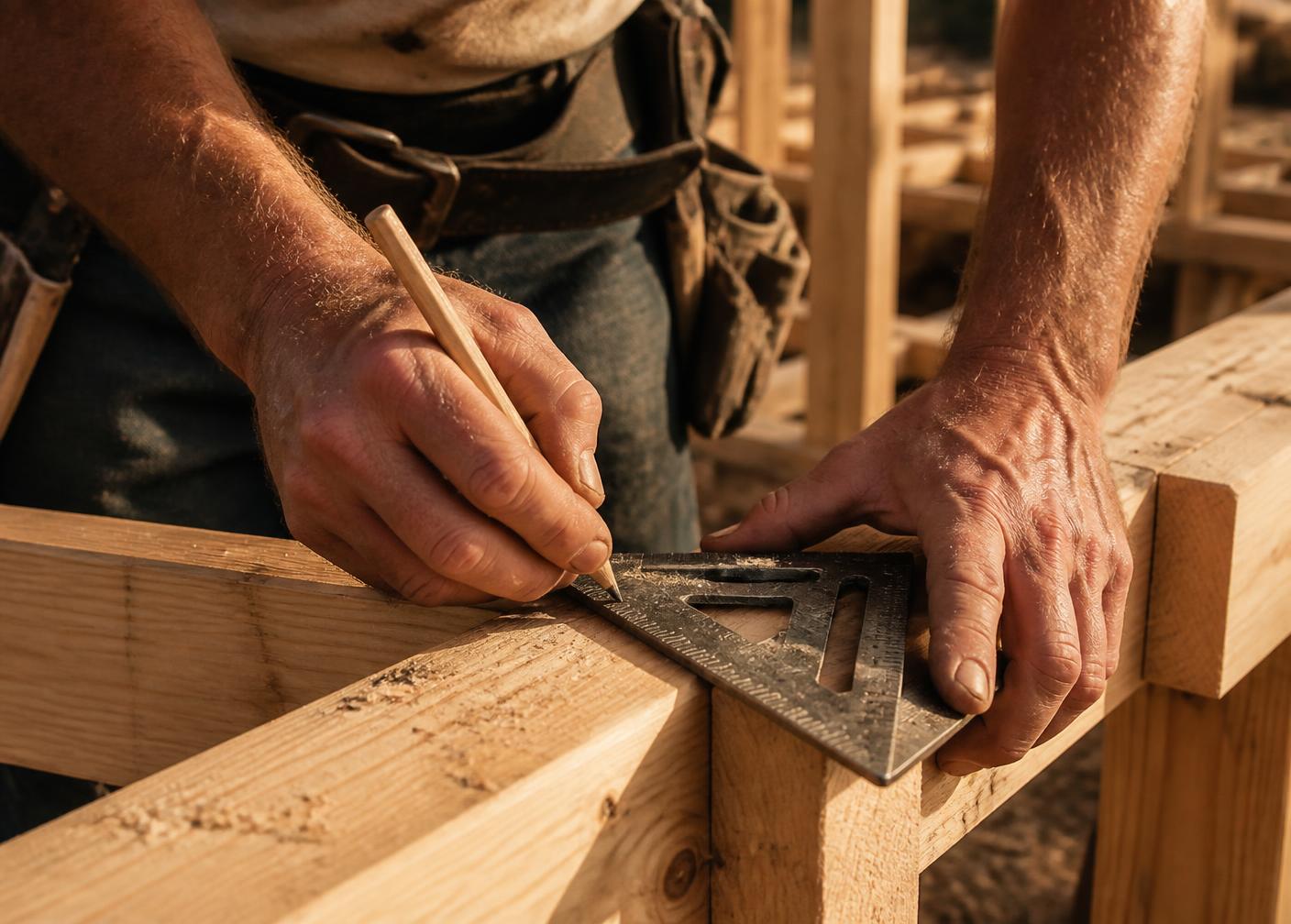 Carpenter marking a framing member with a square and pencil in golden afternoon light