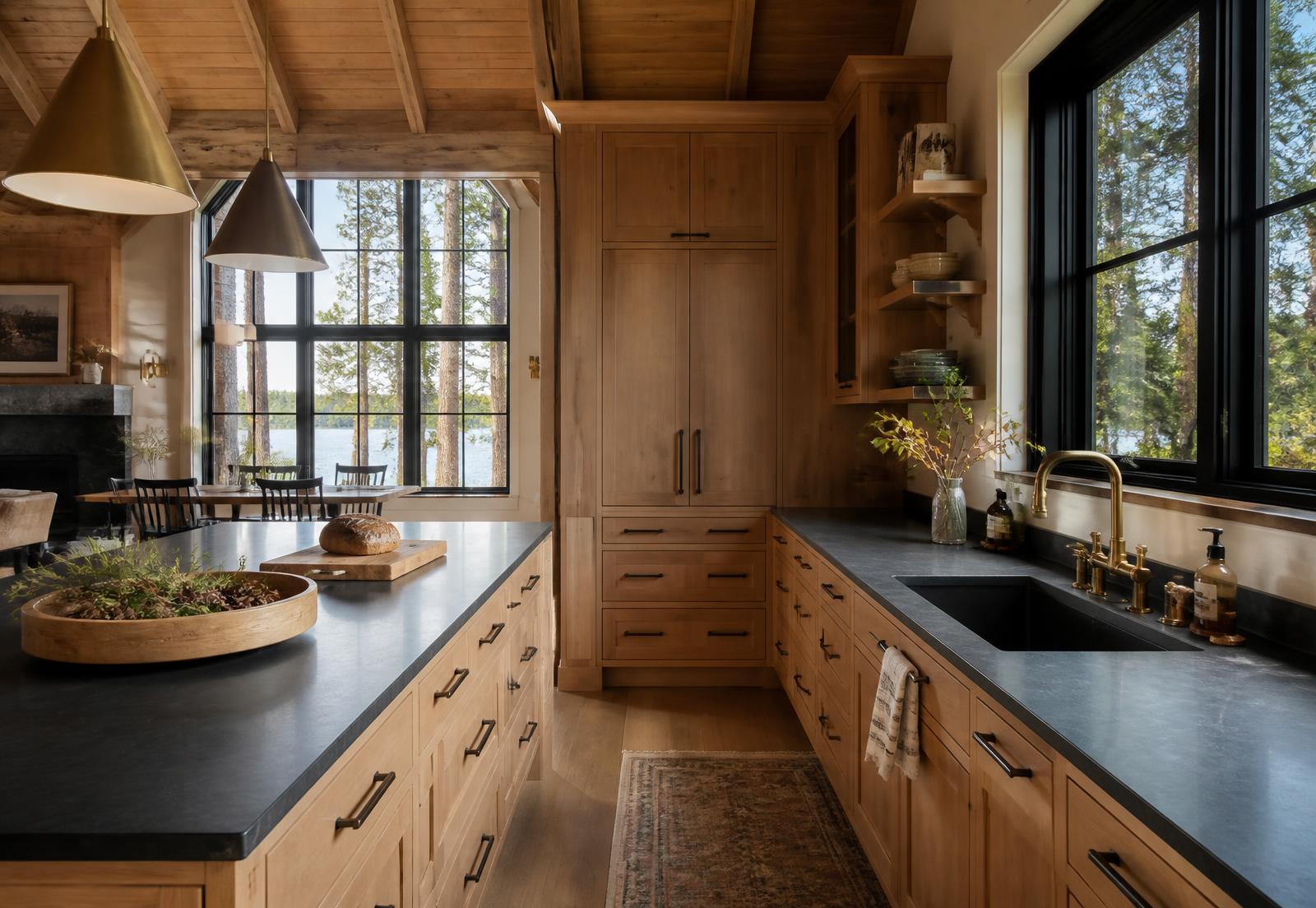 Cabin kitchen with white oak cabinetry, dark stone counters and black windows looking out to pines and lake water