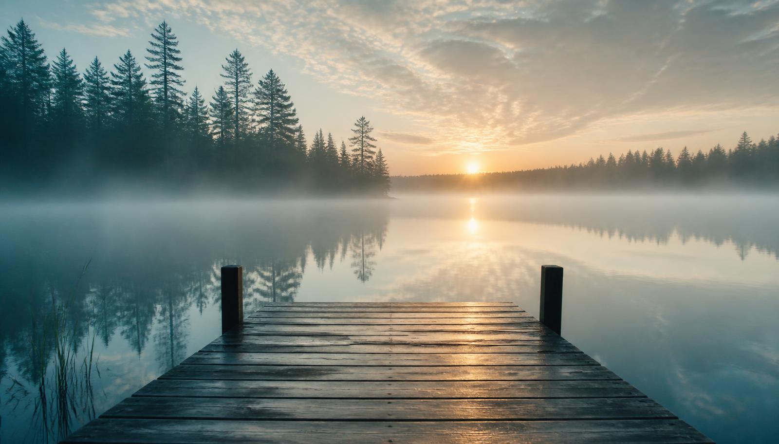Misty sunrise over a calm northern Minnesota lake seen from a wooden dock
